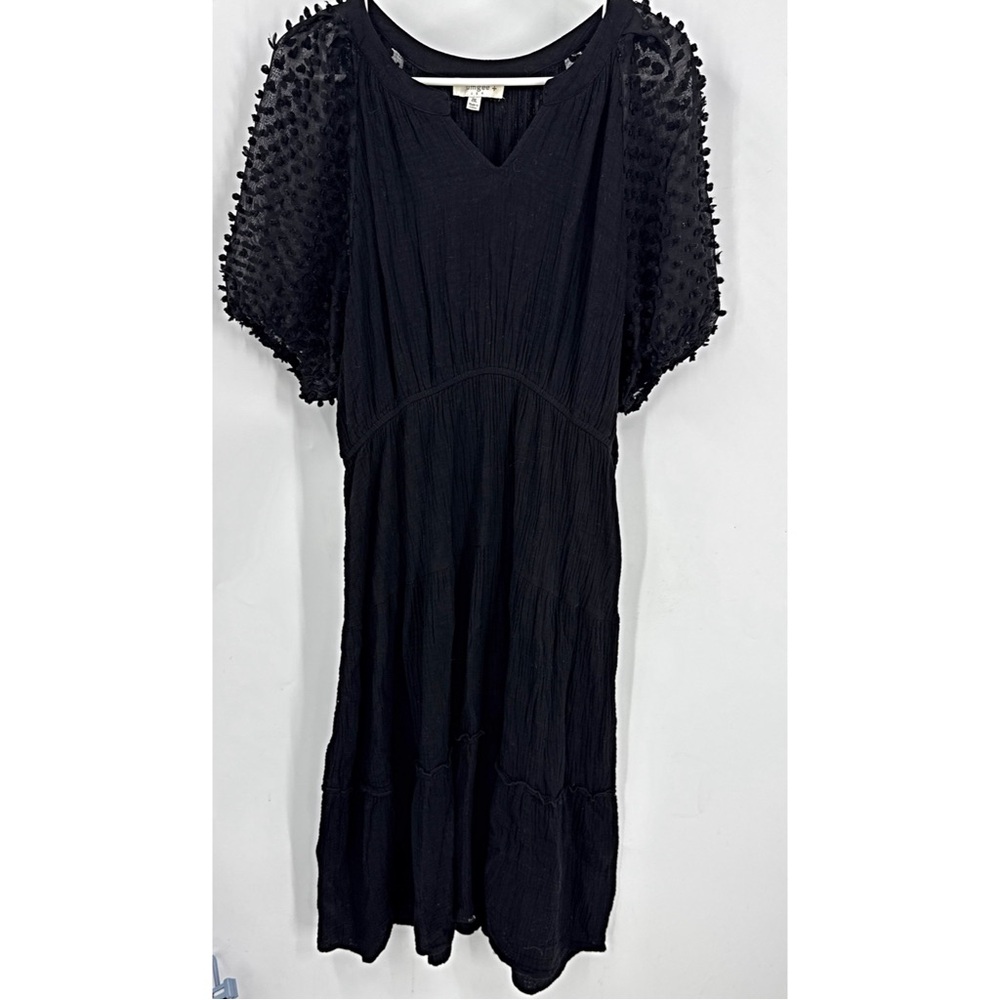 Umgee 100% cotton split neck short puff sleeve w/pom-pom Black tiered Dress 2X